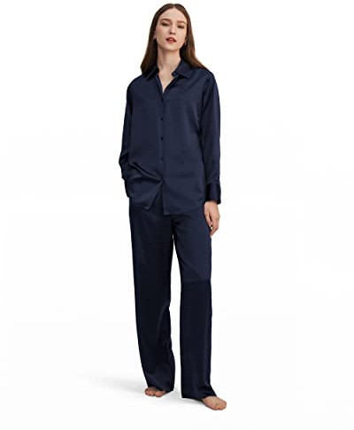 LilySilk 100% Seide Pyjama Set Damen Übergröße Stil Voll Länge locker sitzende Schlafbekleidung Casual Luxus Seiden Loungewear XXL, Dunkel Blau