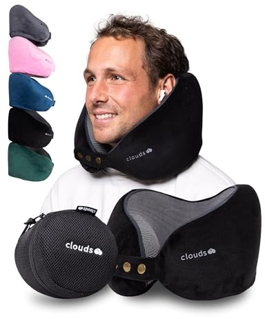 CLOUDS Cuscino da Viaggio in Memory Foam per Aereo e Auto - Cuscino Cervicale Regolabile ed Ergonomico Certificato IGR, Fodera Lavabile con Custodia da Trasporto, 5 Colori, 2 Taglie (Nero, L/XL)