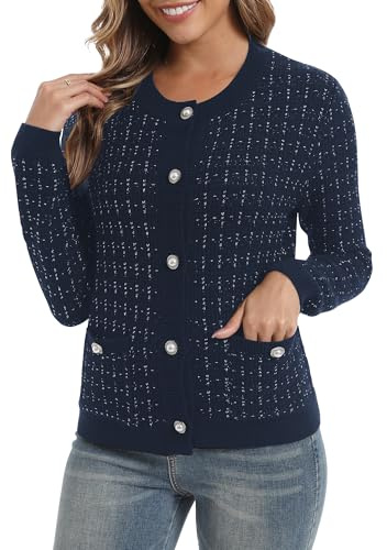 Mujeres Elegante Slim Fit Manga Larga Cuello Redondo Cárdigan Button Down Frente Abierto Punto Chaqueta con Bolsillos