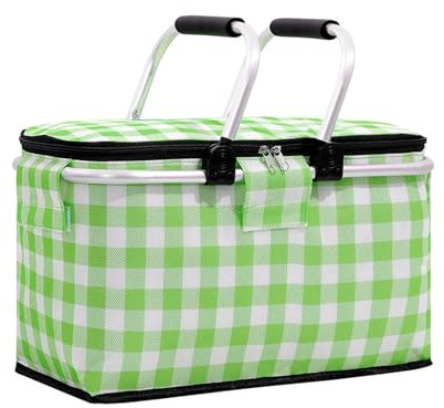 Luckwaii Picknickkorg termisk shoppingkorg kylväska, picknickkorg med lock dragkedja, vikbar ram av aluminiumlegering med handtag, vikbar shoppingkorg 22 l för picknick resor