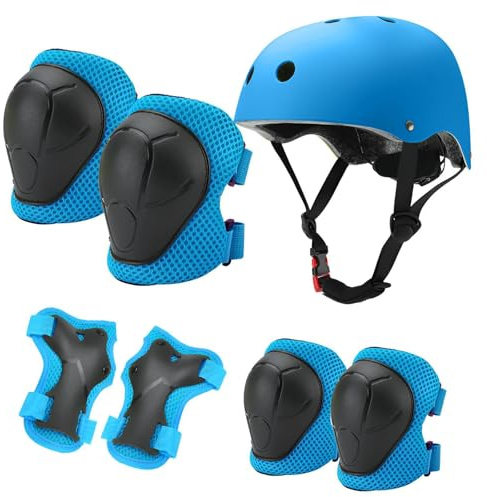 KATLKIU Juego de casco protector para niños con casco ajustable, rodilleras, coderas y reposamuñecas para patinaje, bicicleta, patinaje, scooter y otros deportes al aire libre (azul)