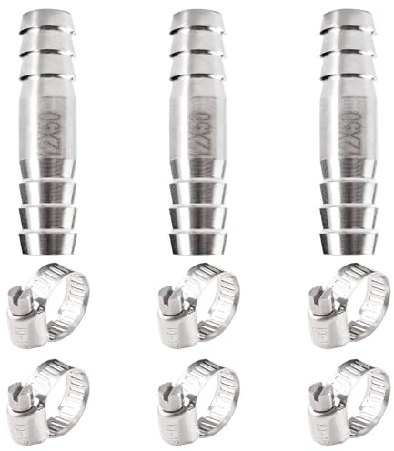 Lyeteung 3 Pièces 12mm Coupleur Droit Adaptateur, Raccords de Tuyau Cannelés en Acier Inoxydable, Connecteur de Tuyau de Carburant en 2 Voies, avec 6 Pièces Colliers de Serrage, pour Air, Gaz, Eau