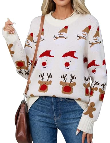 PASUDA Pull de Noël Femme Chic Pulls Moche de Noel Sweat Col Rond à Manches Longue Hiver Chaud Chandail Tricot Sweatshirt Renne Bonhomme de Neige Pullover (Blanc, XL)