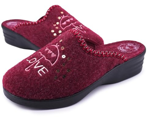 JOMIX Zapatillas Mujer Invierno de Fieltro Bordado LOVE Paraguas y Lentejuelas Cuña Baja Made in Italy Calientes y Cómodas para Casa ITD2432 Rojo 40
