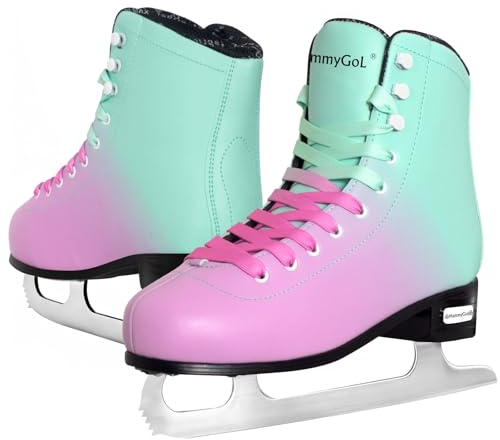 MammyGol Classic Ice Figure Skates for Womens/Misses/Girls Lace up with Stainless Steel Blade Light Support Ice Figure Skates in Red Teal Color