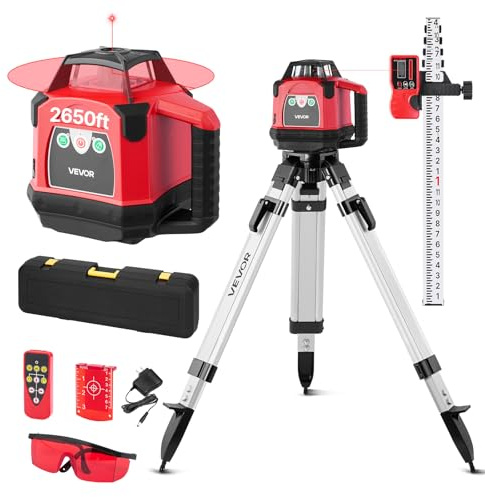 VEVOR Rotary Laser Level Kit, 2650ft 360-Degree Self Leveling Red Horizontal Laser Transit,with Heavy-duty Tripod, Receiver, Remote Control, Toolcase, IP66 Waterproof, 0.06in/100ft for Construction
