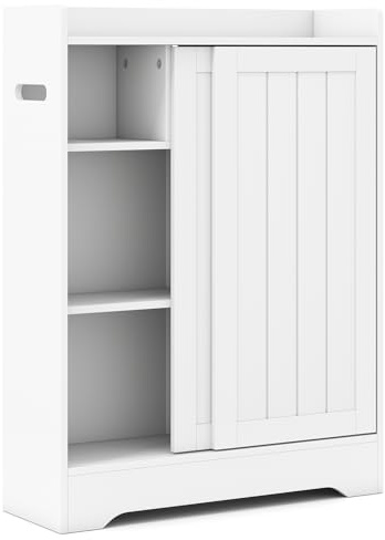 COSTWAY Bathroom Floor Cabinet, Freestanding Slim Bathroom Storage Unit with Sliding Door, Toilet Paper Holder, Brush Compartment & Adjustable Shelves, Narrow Storage Cupboard for Small Space, White