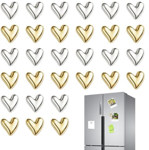 30 imanes de nevera, imanes de nevera dorados y plateados, bonitos imanes decorativos en forma de corazón, 3D pequeños imanes de nevera para pizarra blanca, nevera, calendario, hogar, oficina