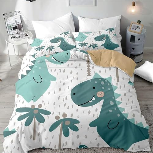 CCZM Dinosauro Copripiumino Una Piazza e Mezza Giungla, Biancheria da Letto Cartone Animato in Microfibra, 1 Parure Copri Piumone Animali con 2 Federe 50x80 cm con Cerniera, E-945