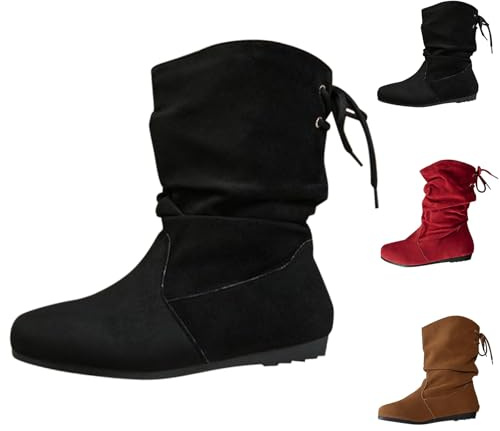 Generisch Bottines plates à enfiler pour femme - Tige XXL en daim - Antidérapantes - Bottes de transition rondes souples - Talon compensé large - Bottes basses, Noir , 40 EU