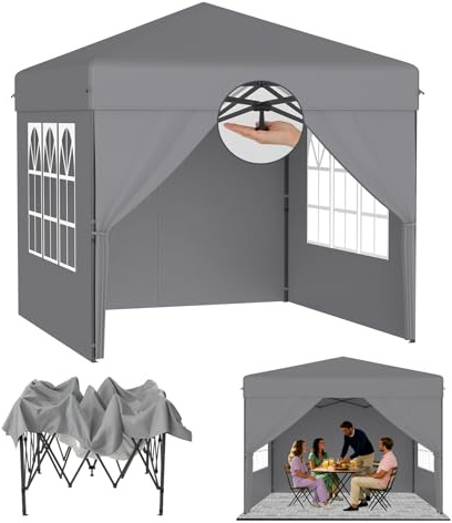 ACXIN Paviljong 2,5 x 2,5 m popup-tält, vikbar paviljong med 3 stegs höjdjustering, festtält med silver-oxfordtak, trädgårdspaviljong med snörpinnar och bärväska (grå, med sidoväggar)