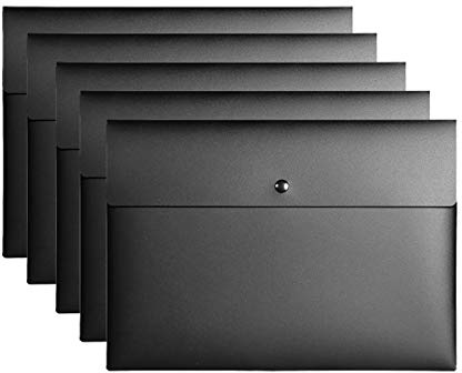 VANRA 5 Pieces A4 Envelopes Folders for Paperwork Plastic Wallets Document Organizer with Snap Button Closure A4 Letter Size (Black)
