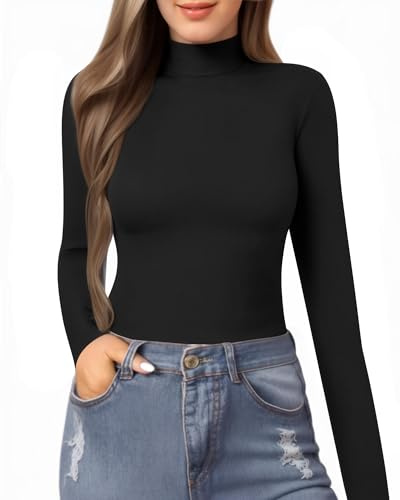 MANGOPOP Women's Mock Turtle Neck Slim Fit Long Sleeve T Shirt Tight Tops Tee Black