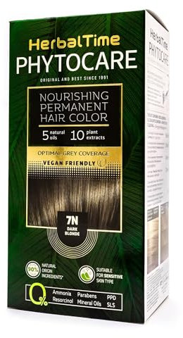 Herbal Time Phytocare Tinte Permanente para el Cabello Color Rubio Oscuro 7N | Kit Tinte Natural Pelo Profesional | Nutre y Protege Tu Cabello | Sin Amoníaco, PPD y SLS | 124.5 ml