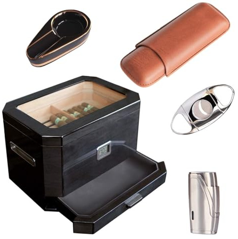 CASE ELEGANCE - Octodor Humidor with Cigar Lighter, Cutter, Ashtray, and Travel Cigar case Bundle
