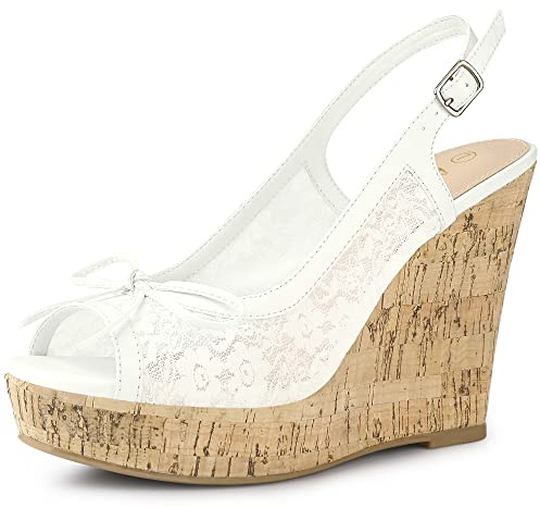 Allegra K Femmes Talons Plateforme Bois Sandales Compensées Dentelle Nœud blanche 39