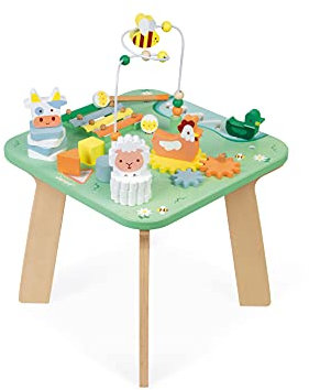 Janod - Activity Tisch ‘Jolie Prairie’ - Holz Spieltisch mit 7 Aktivitäten - Multi-Activity Holztisch mit Tiermotiven - Motorik Entwicklung und Musikalische Früherziehung - Ab 12 Monaten, J05327