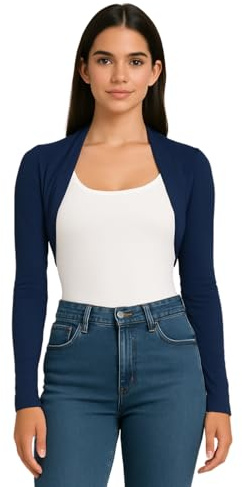 STAR FASHION Womens Long Sleeve Bolero Shrug Ladies Mini Blouse Open Front Cropped Top Lightweight Summer Cardigans Jacket Navy 8-10