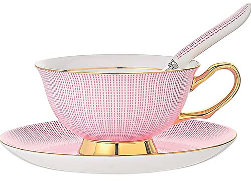 Jiotouhu Ensemble Tasse Soucoupe Porcelaine Anglaise à la Cendre d'os, Bone Chine Service à Thé Café,avec Cuillère,Rose- 1 Set 200ml