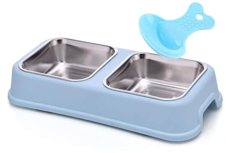 Double Dog Bowl,Non Slip Stainless Steel Double Bowls (S, Square-Blue) | Non-spill Pet Double Bowls with 1 Pet Food Spoop For Small Dogs and Cats
