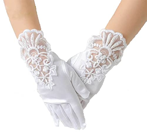 Wedding Flower Girls Short Satin Gloves Embroidery Flower Lace Brim Fingered Gloves Baby Girls Princess Wrist Length Gloves Fancy Dress Costume Gloves for Christening Holy Communion