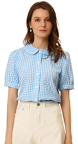 Allegra K Camicia da donna scozzese a quadretti a maniche corte con colletto Peter Pan con bottoni, Azzurro, 40