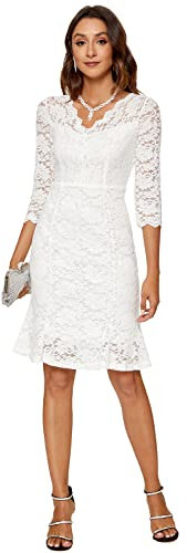 Atnlewhi Damen 3/4 Ärmel Kleid V-Ausschnitt Formeller Abend Bodycon Knielang Vintage Spitzenkleid Elegante Cocktailkleider - Weiß - L