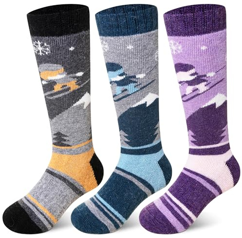 SeeyAN Kids Ski Socks Merino Wool Thermal Winter Socks Boys Girls Warm SnowBoarding Thick Skiing Socks 3 Pairs (Purple/Grey/Blue, 8-12 Years)