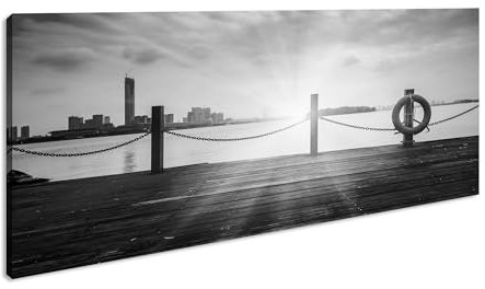 Splendido tramonto sul porto Panorama, 80 x 40 cm, effetto: bianco e nero, stampa digitale di alta qualità con cornice