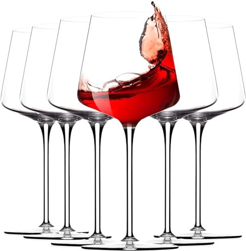 White Red Wine Glasses Set of 6 – 19oz Wine Glasses with Tall Long Stem,【Hand Blown】Crystal Wine Glasses- Square Wine Glasses with flat bottom,Thin Stem Wine Glasses,Clear Lead-Free Premium large