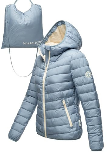 MARIKOO Damen leichte Übergangsjacke Kurze Steppjacke mit innen eingenähter Tragetasche zum einfachen Verstauen und praktischem Umhängen der Jacke Pack Mich EIN Powder Blue Gr. M
