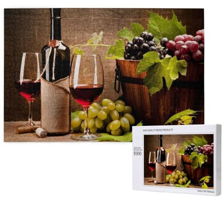 Glasses Of Wine With Wine Bottle And Grapes, Jigsaw Puzzles 1000 Pieces Wooden Jigsaw Toy Family Game Wall Decor for Adults Teens