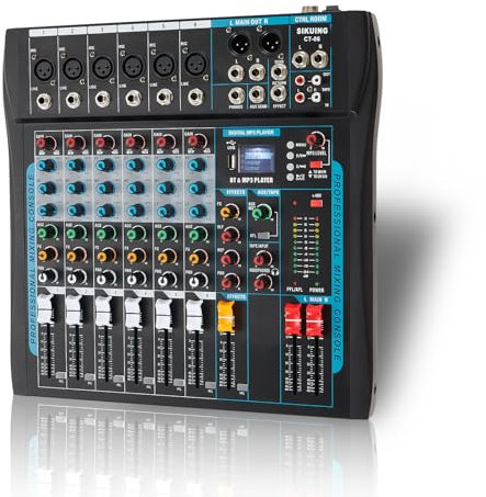 SIKUING Mezclador de audio profesional, consola mezcladora de sonido DJ, efecto DJ, 16 DSP, interfaz de audio USB, BT, escenario, karaoke Studio Streaming (6 canales)