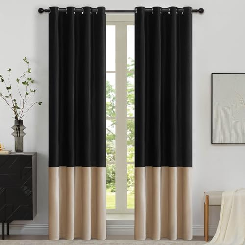 BULBUL Black Champagne Color Block Window Curtains Panels 72 inches Long Velvet Farmhouse Drapes for Bedroom Living Room Darkening Treatment with Grommet Set of 2