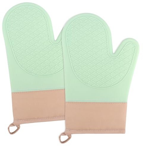 Guanti da Forno Silicone,2PCS Guanti Forno,Guanto da Forno Superficie Antisdrucciolevole,Cotone Interno,Verde, Guanti Cucina