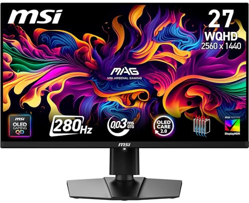 MSI MAG 271QP QD-OLED X28 27-Inch WQHD Gaming Monitor, 2560 x 1440 Quantum Dot OLED Panel, 280Hz, 0.03ms, DisplayHDR True Black 400, HDMI 2.1, DP 1.4a, USB C (15WPD), Tilt/Height Adjustable, Black