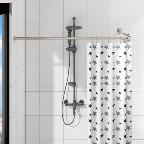 Asta per tenda da doccia a forma di L, regolabile, con 12 anelli e supporto da soffitto per vasca da bagno/bagno, montaggio a fori richiesto (argento, 60-130 cm x 60-130 cm)