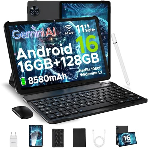 DOOGEE U11 Android 16 AI Tablet 11 Zoll, 16GB+128GB (2TB TF) Gaming Tablets, T7200 Octa Core, 8580mAh, Gemini AI, WiFi 5, 90Hz Display, 13MP+5MP, Tablet mit Tastatur, Maus,Stift,Hülle und Schutzfolie