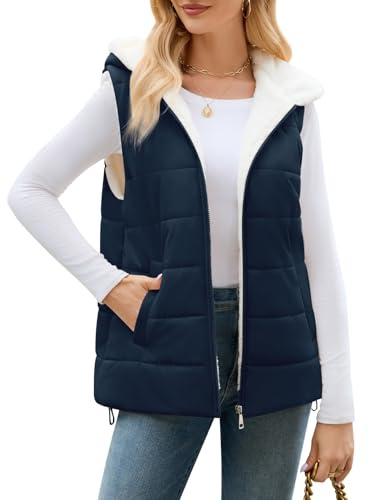 Yuson Girl Gilet For Women UK Quilted Windproof Padded Outerwear Vest Sleeveless Puffy Jacket Hooded Body Warmer Outdoor Waistcoat Lightweight Autumn Winter Coats For Ladies(Navy blue, L)