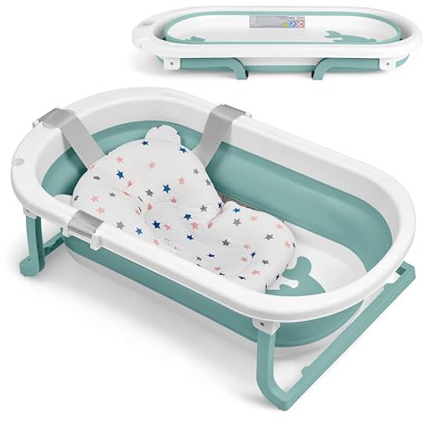 KikkaBoo Babybadewanne WILLY, Faltbares Design Mit Temperaturanzeige & Weichem Badekissen, Rutschfeste Beine, Platzsparend & Leicht, BPA-frei, Für Neugeborene 0-36 Monate, Mint
