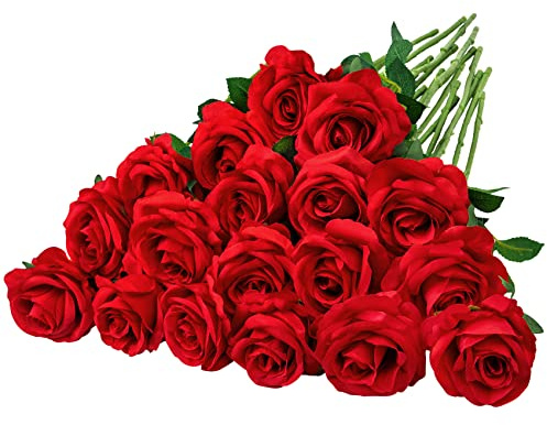 BlueCloudy - Set di 16 rose artificiali rosse in flanella con lungo stelo in plastica per matrimonio, decorazione da tavolo, San Valentino, festa a casa, bouquet da sposa, colore: rosso