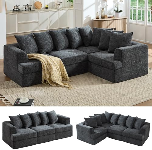 LUXOAK 226cm L-Shaped Chenille Sofa, Modern Corner Sofa Couch for Living Room, Modular Sectional Sofa with Tool-Free Assembly, Deep Seat Lounge Sofa, Grey