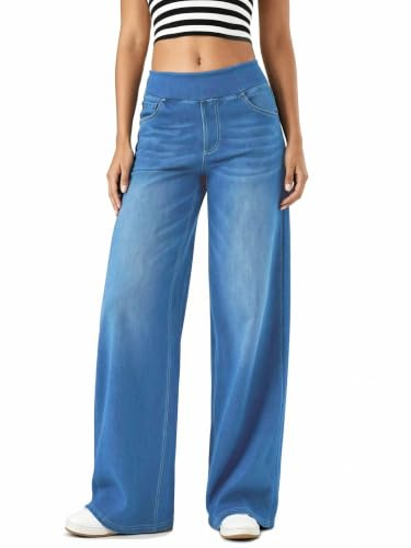 High Waisted Flattering Jeans for Women, Denim Pants with Multiple Pockets, Wide Leg, Loose Fit, Stretchy Baggy, Straight Leg, Fashion Casual (UK, Alpha, M, Regular, Regular, Medium Light Blue)