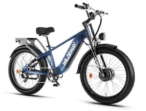 SOARED Adult electric mountain bike featuring dual motors, a torque sensor, a removable 48V 30Ah battery, hydraulic brakes, full suspension, and 26×4.0-inch wide tires (blu, Sensore di coppia)
