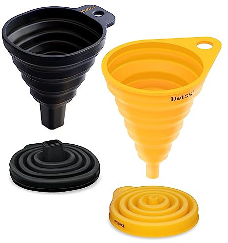 Deiss PRO Silicone Kitchen Funnel Set - Rounded & Squared Funnels for Filling Bottles - Food Grade, Dishwasher Safe Small Funnels - Set of 2 Yellow and Black