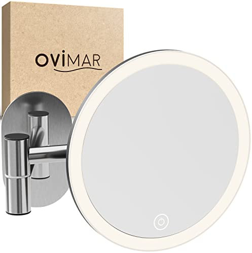 ovimar Kosmetikspiegel Vorupor Silber | mit Beleuchtung | wiederaufladbar | Wandmontage ohne Bohren | im Badezimmer | 5fach Vergrößerungsspiegel | Schminkspiegel mit Licht | 360 Grad