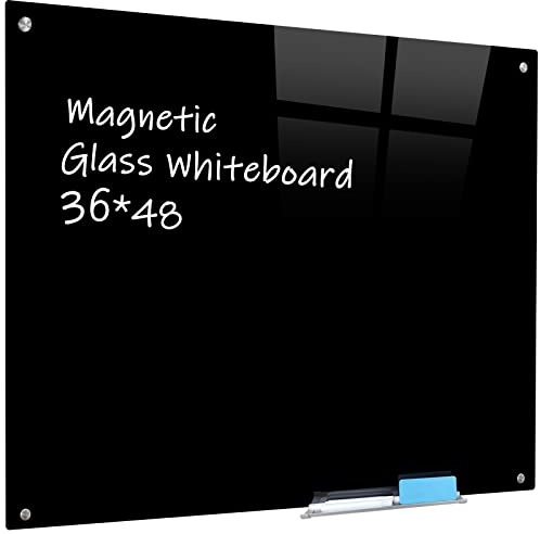 Magnetic Black Glass Board with Eraser Frameless Tempered Glass Dry Erase Blackboard with Marker Tray for Interactive Office, Wall Mounted Frosted Black Glass Board, 48 x 36