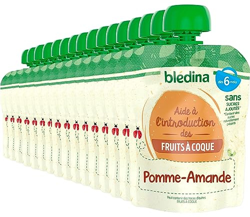Blédina - Gourdes de Purées de Fruits et Amande - 16 gourdes Pomme Amande - Pour bébé dès 6 Mois - Lot de 16 gourdes de 85g