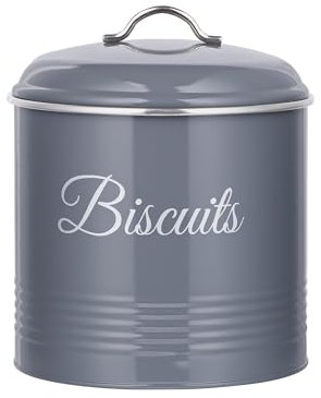 Innoteck Biscuit Tin - Airtight Metal Cookie Tin with Lid, Versatile Biscuit Storage Jar with 5.3L Capacity, Rust Resistant Cookie Jar with Labelled Design for Storing Snacks & Kitchen Use, Grey
