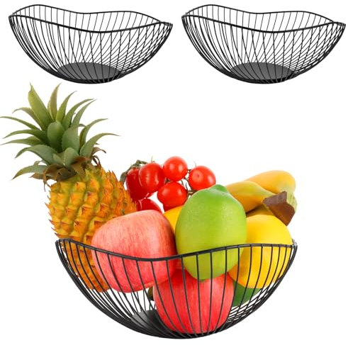 APACALI 3PCS Corbeille à Fruits avec Forme de Vague, Panier à Fruits en Métal, Modern Bol à Fruits Décorative, Corbeille à Fruits pour Comptoir de Cuisine pour fruits, légumes (rond court, noir)